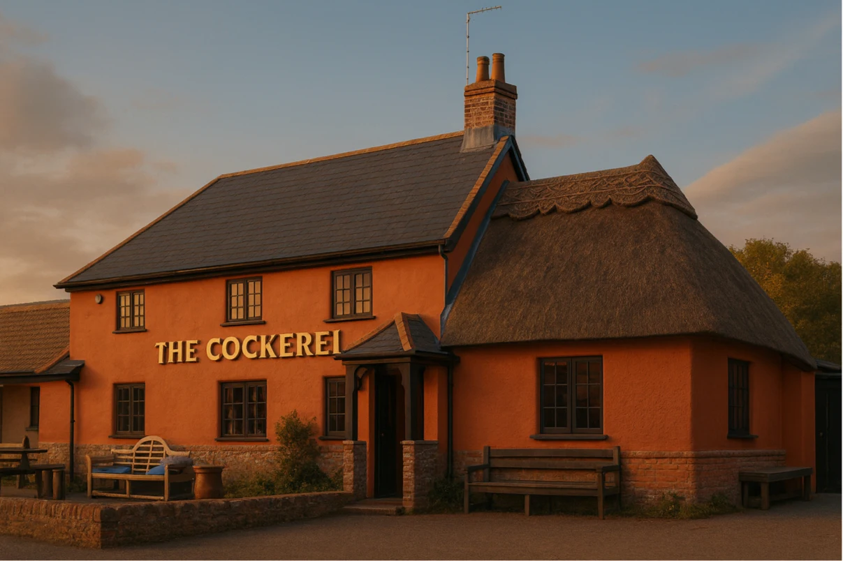 The Cockerel Dorset pub exterior The Cockerel Dorset pub exterior at dusk